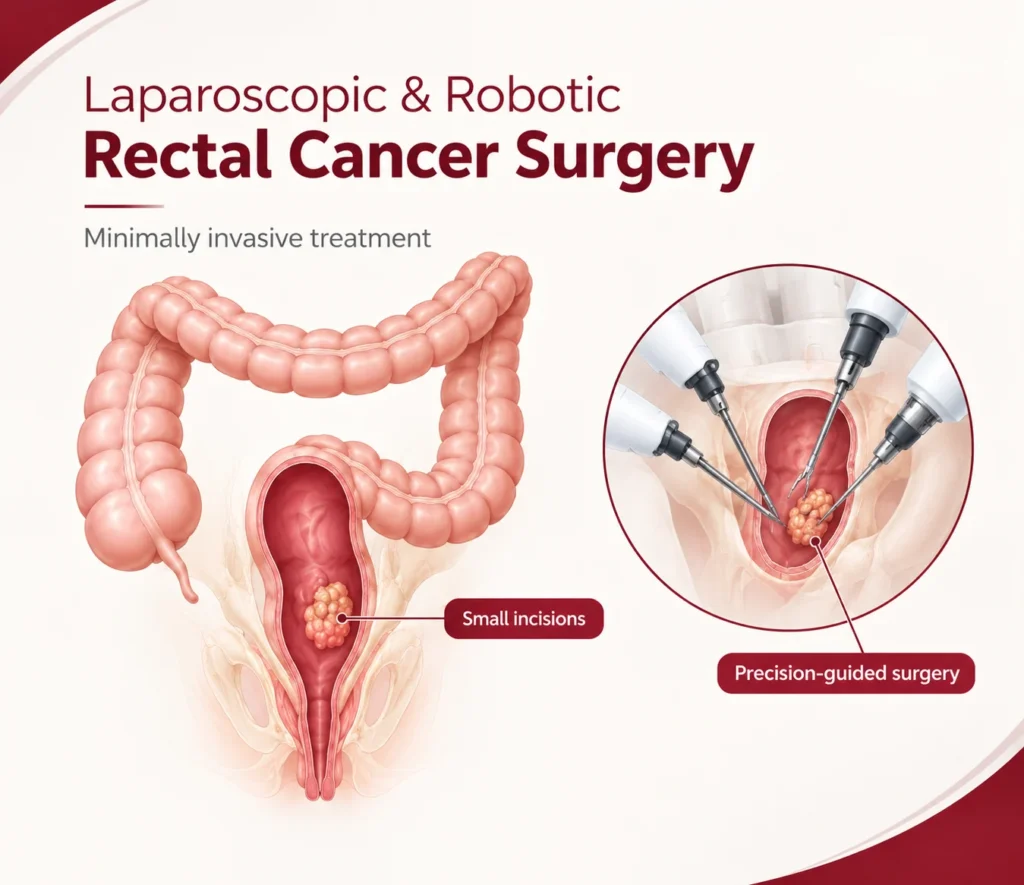 Illustration of laparoscopic and robotic rectal cancer surgery, a minimally invasive treatment with small incisions and precision-guided instruments, by Dr. Archit Pandit