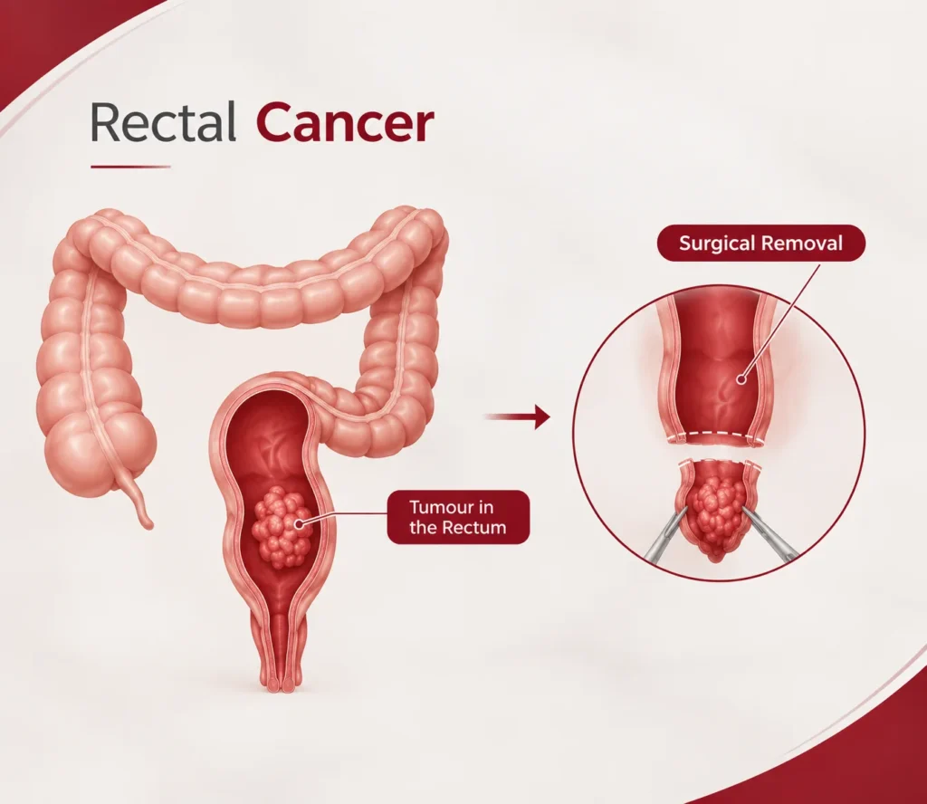 Diagram showing a tumour in the rectum and the surgical removal of the affected rectal segment, explained by Dr. Archit Pandit
